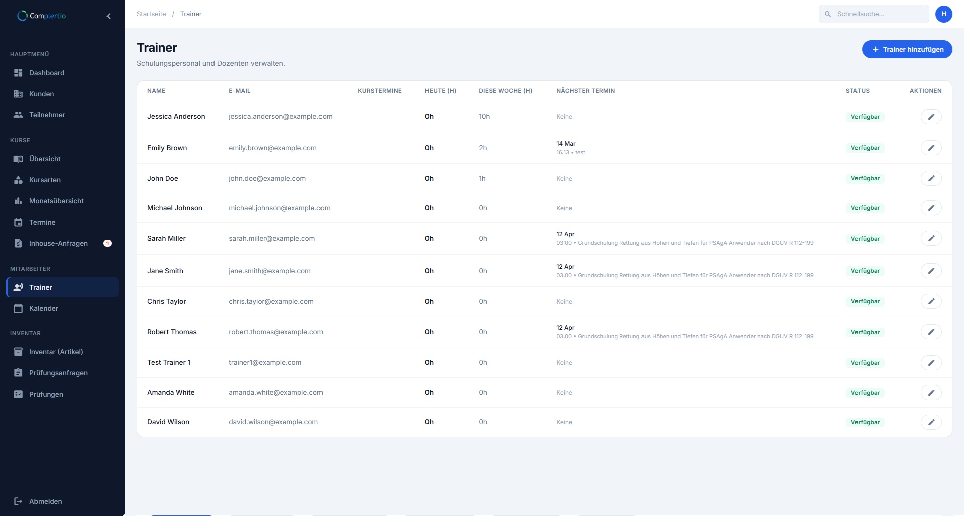 Training operations view in Complert.io