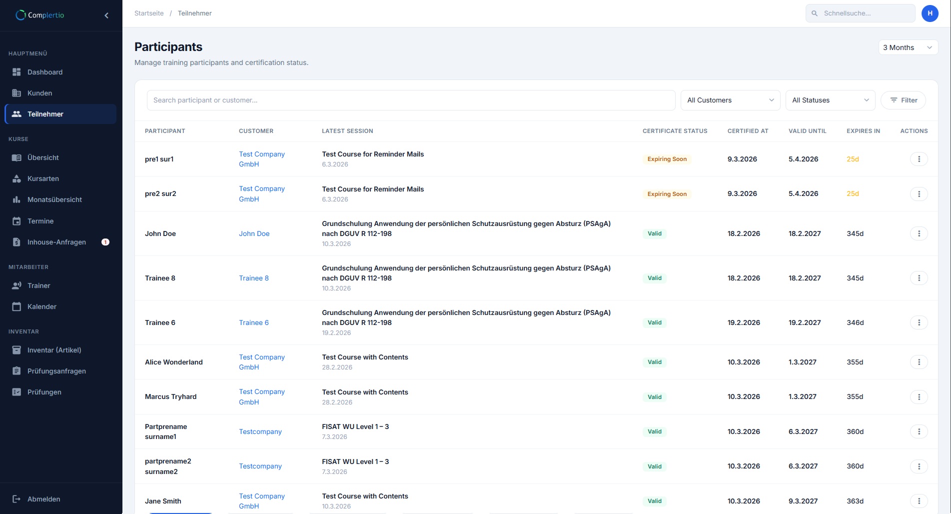 Complert.io Participant Management View